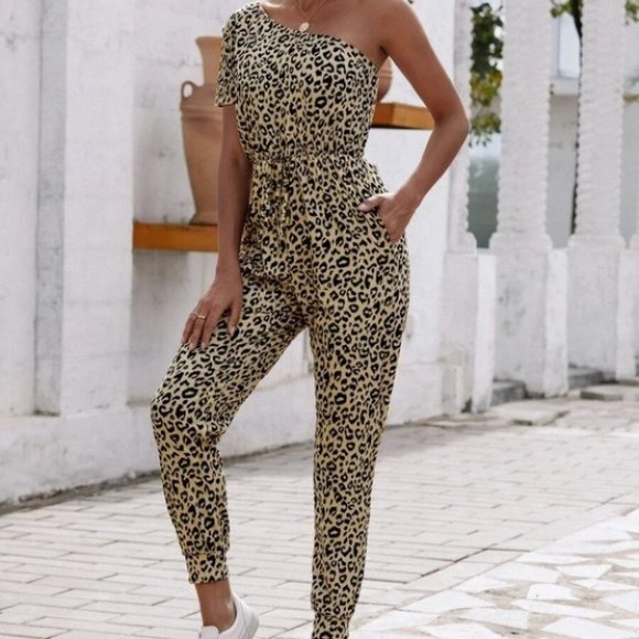 . Pants - Leopard Print One Shoulder Jumpsuit
